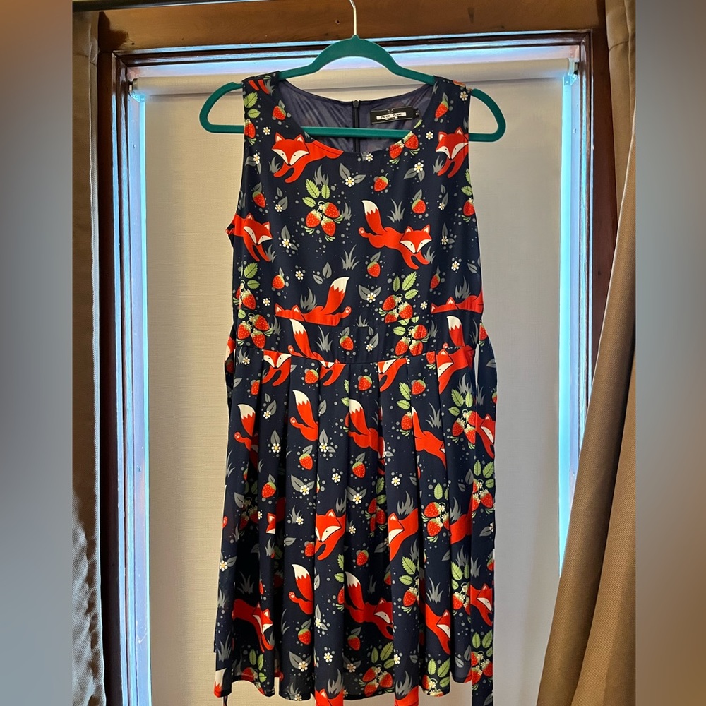 Navy fox and berry knee length a-line dress with pleated skirt and waist tie